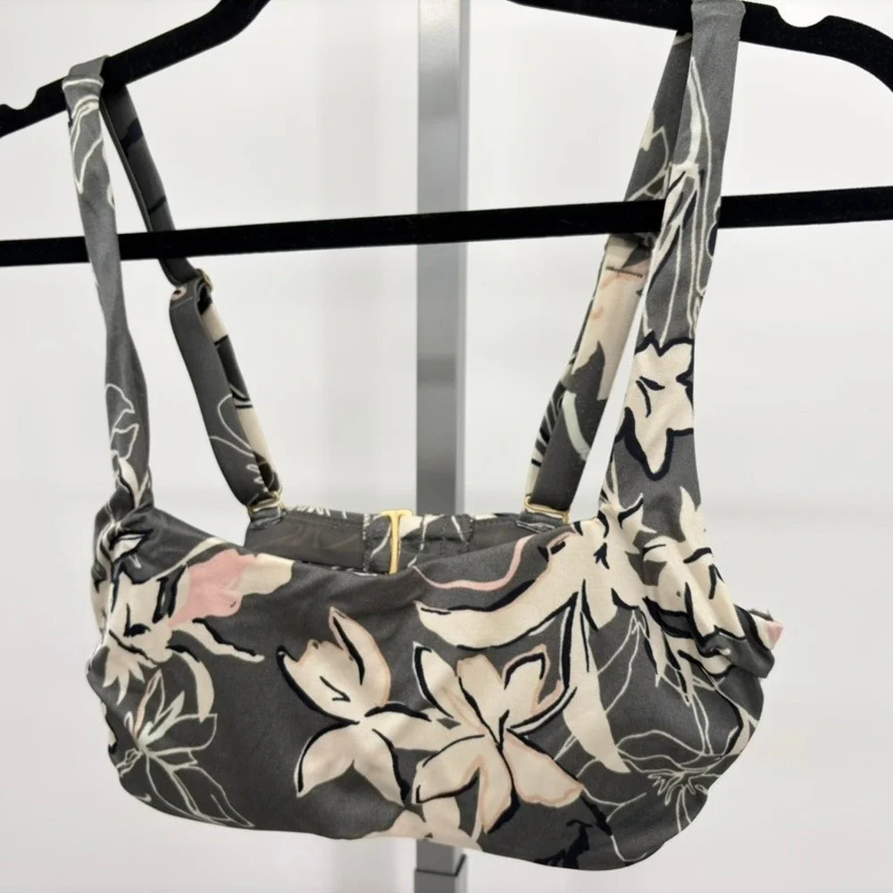 Athleta Floral Padded Bra Top‎ Womens 34B/C Gray Strappy Swim Yoga Tank